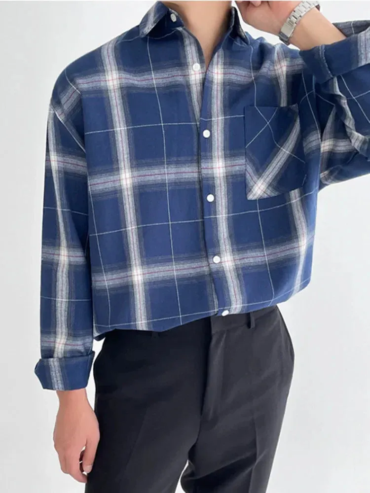 -  Long Plaid Sleeved Shirt Turn down Neck Single Breasted Loose Men's Spring New Korean Style Fashion Simple Versatile 2A1203