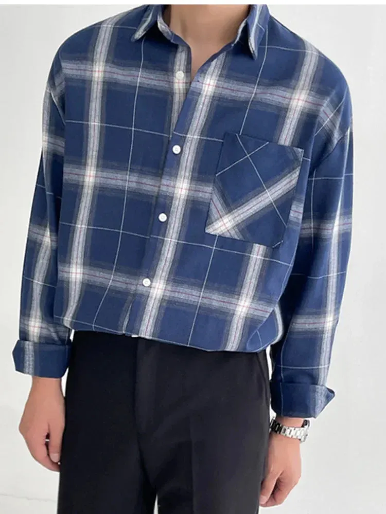 -  Long Plaid Sleeved Shirt Turn down Neck Single Breasted Loose Men's Spring New Korean Style Fashion Simple Versatile 2A1203