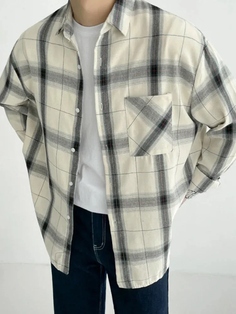 -  Long Plaid Sleeved Shirt Turn down Neck Single Breasted Loose Men's Spring New Korean Style Fashion Simple Versatile 2A1203