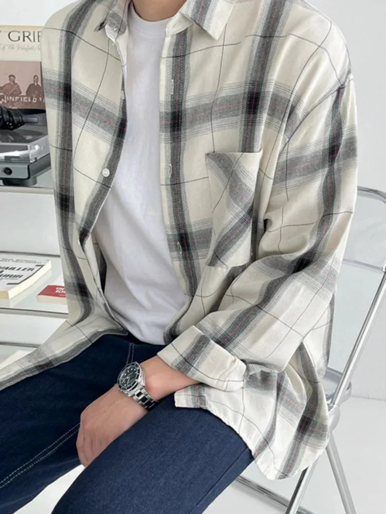 -  Long Plaid Sleeved Shirt Turn down Neck Single Breasted Loose Men's Spring New Korean Style Fashion Simple Versatile 2A1203