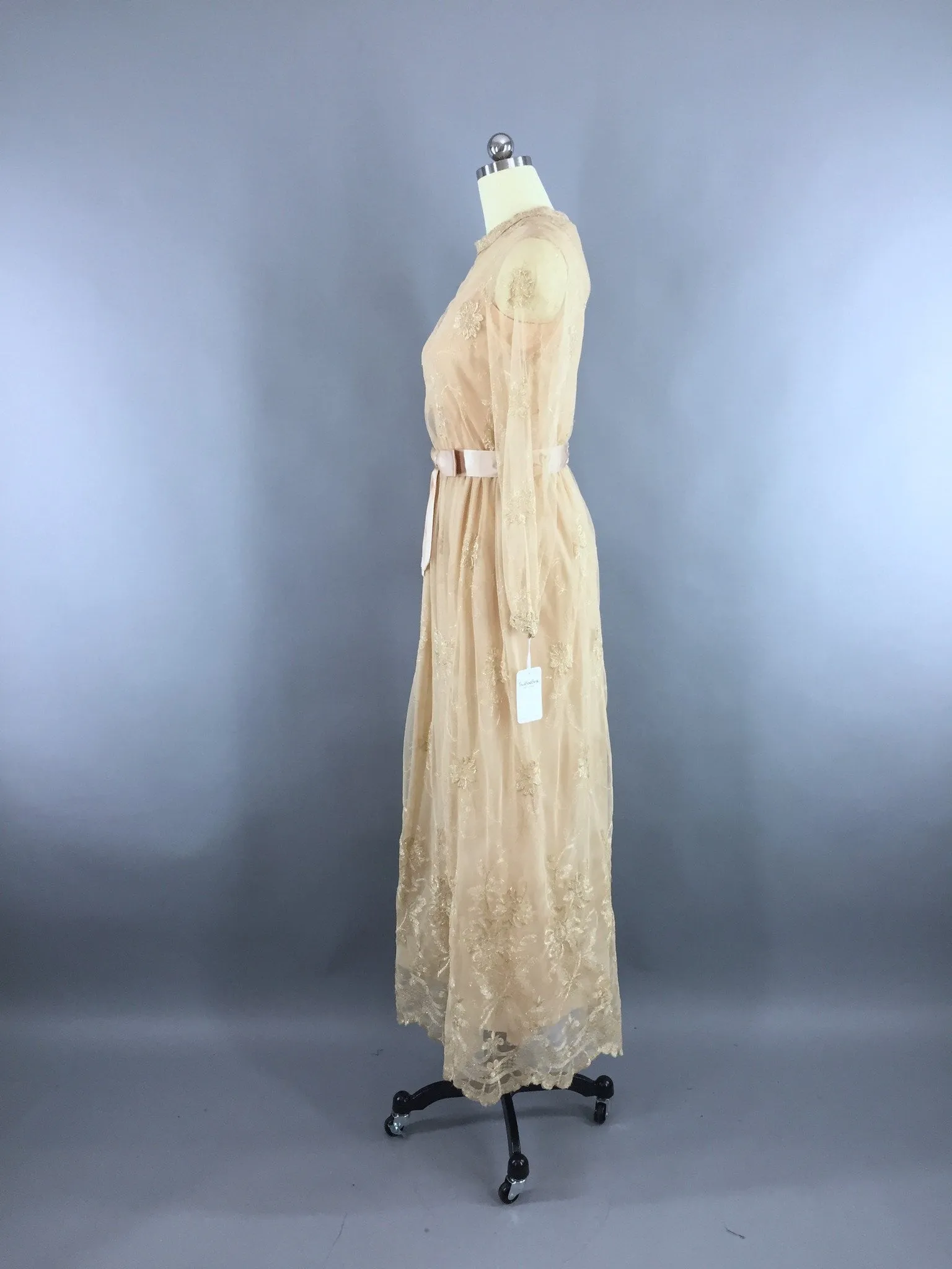 1970s Vintage Gold Lace Embroidered Maxi Dress