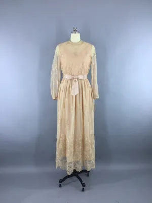 1970s Vintage Gold Lace Embroidered Maxi Dress