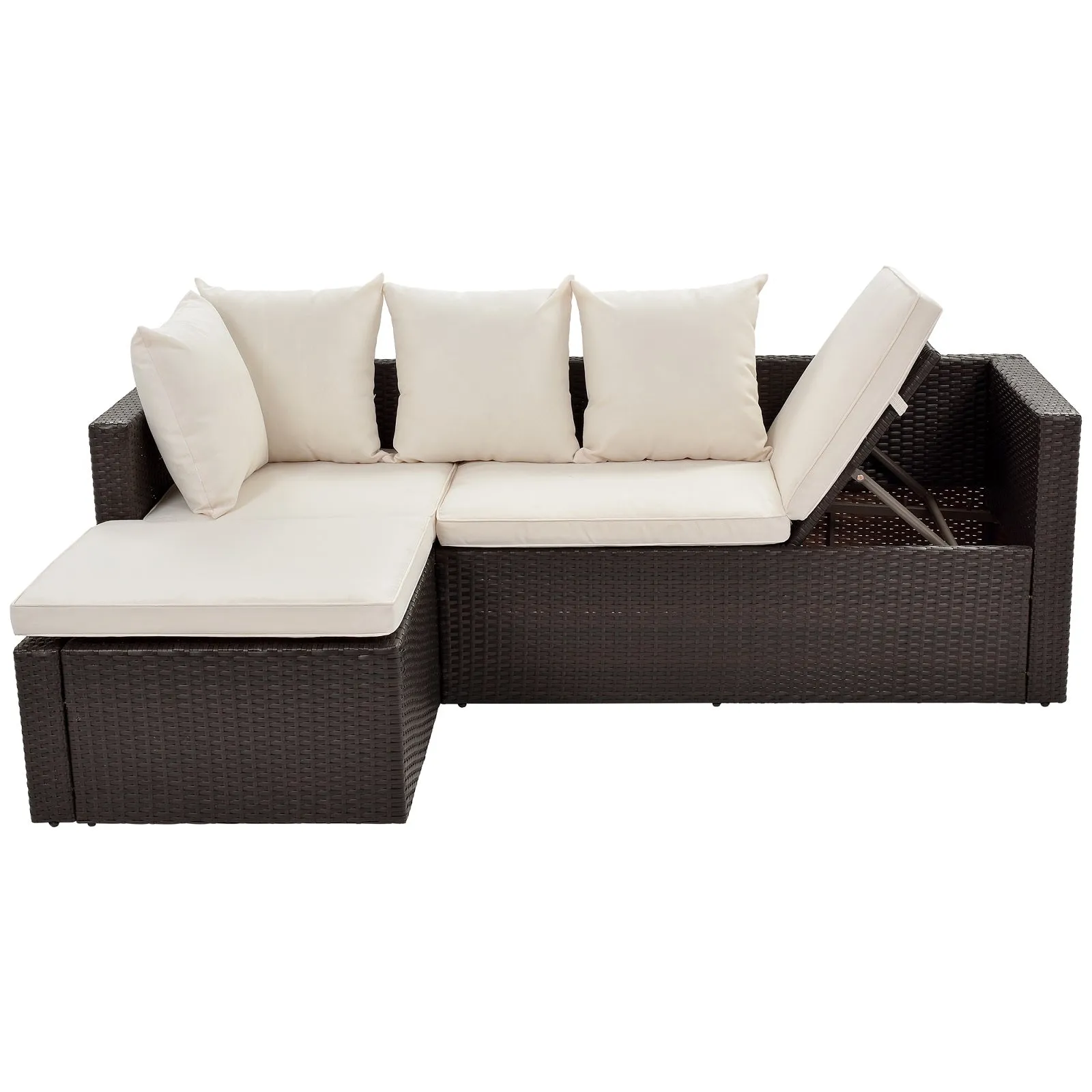 5-Piece Rattan Wicker Sectional Lounger Sofa Set with Glass Table and Adjustable Chair