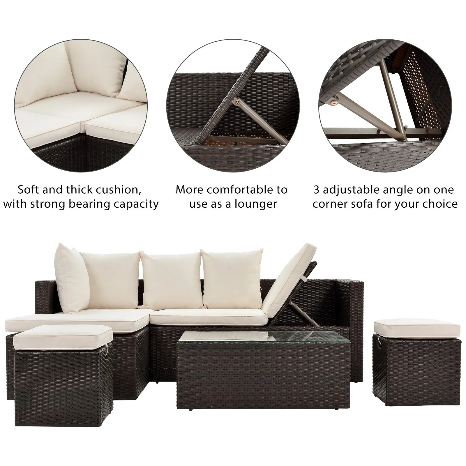 5-Piece Rattan Wicker Sectional Lounger Sofa Set with Glass Table and Adjustable Chair