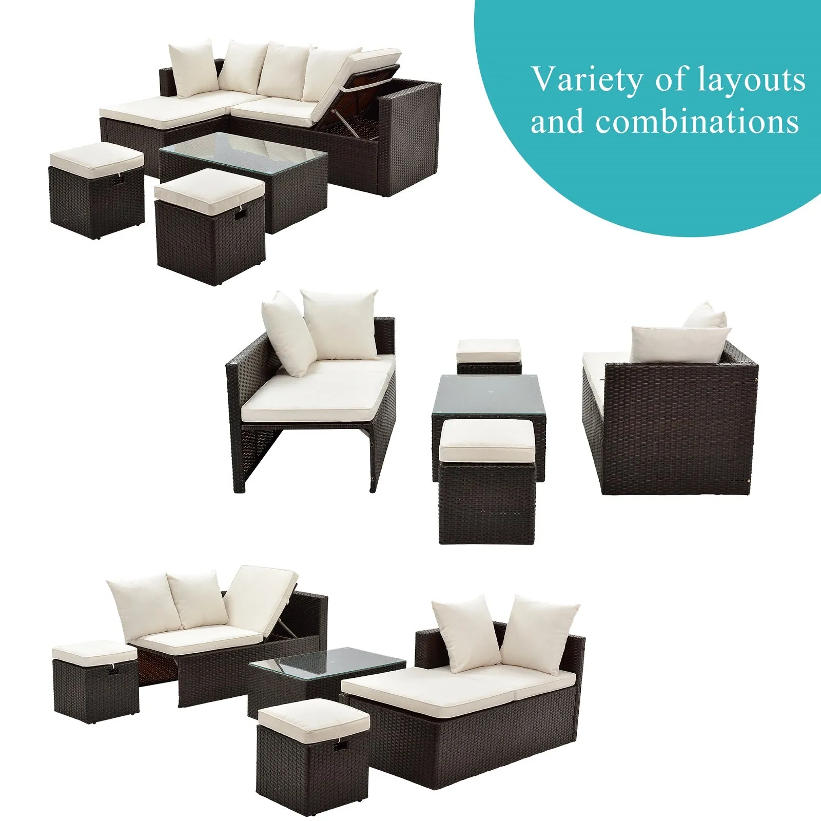 5-Piece Rattan Wicker Sectional Lounger Sofa Set with Glass Table and Adjustable Chair