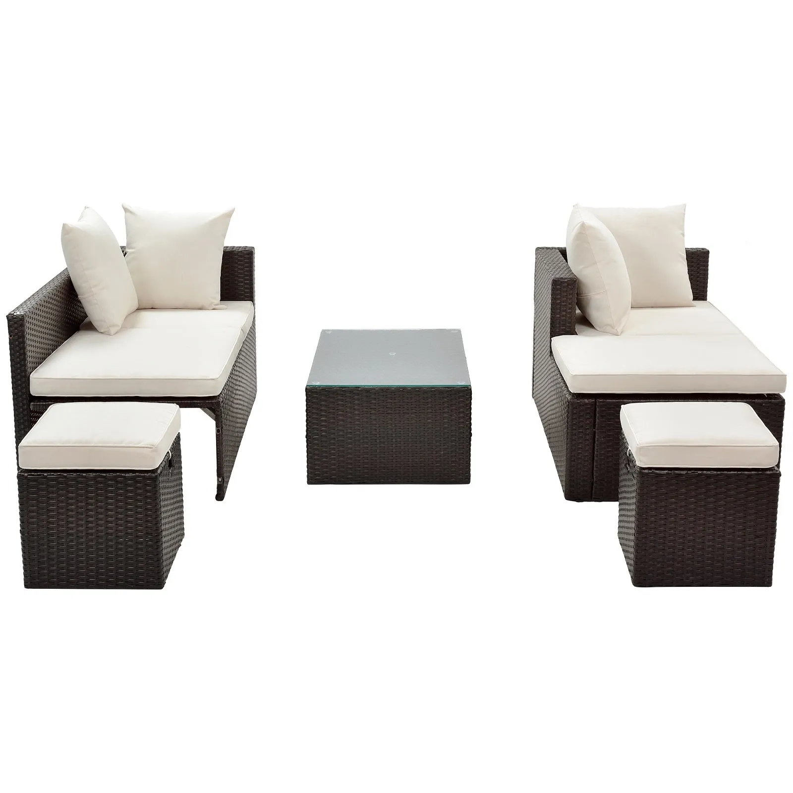 5-Piece Rattan Wicker Sectional Lounger Sofa Set with Glass Table and Adjustable Chair