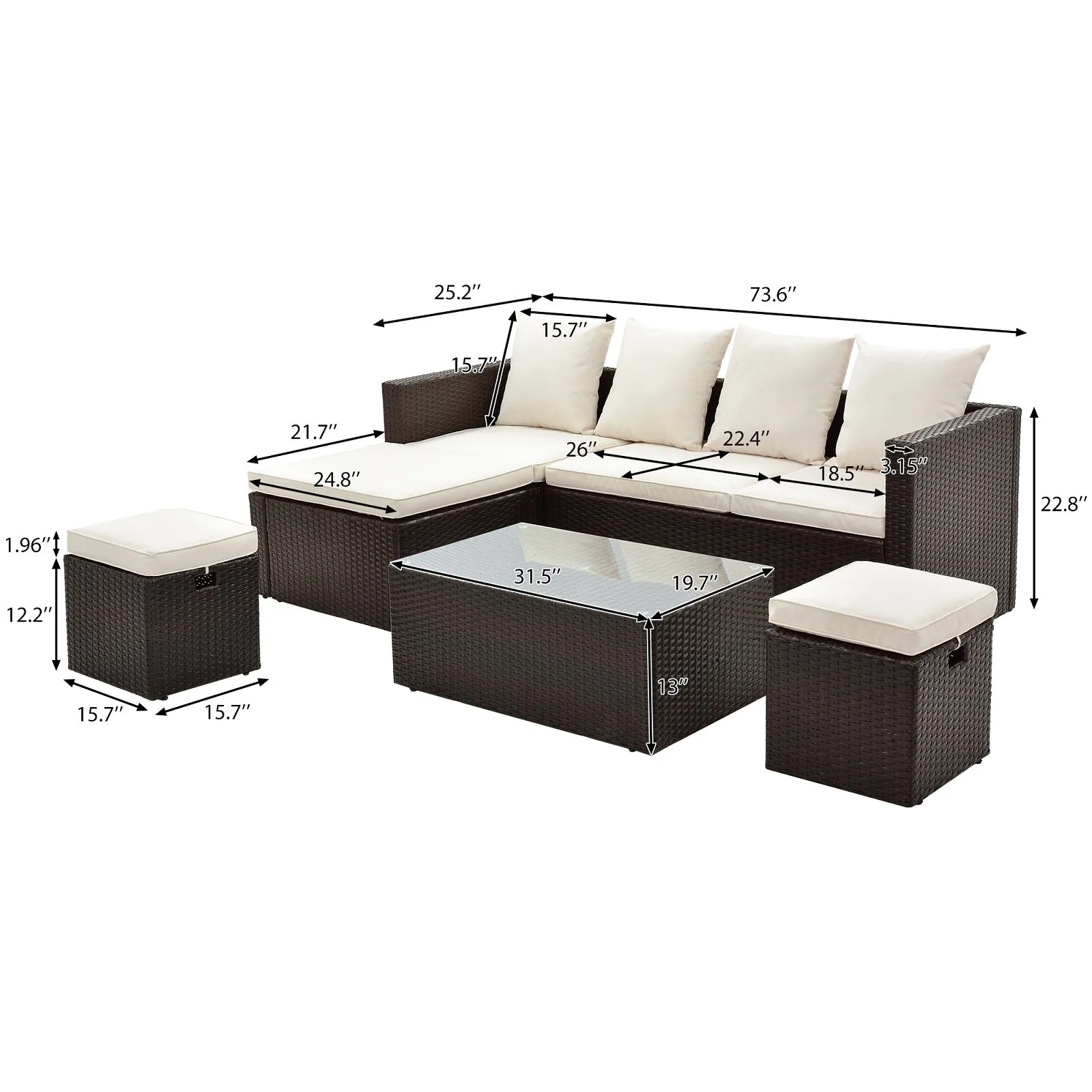 5-Piece Rattan Wicker Sectional Lounger Sofa Set with Glass Table and Adjustable Chair