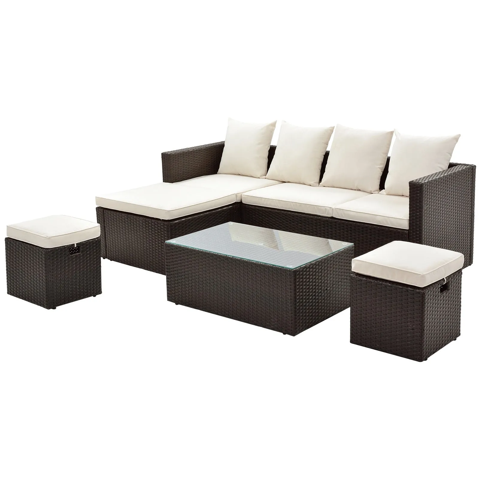 5-Piece Rattan Wicker Sectional Lounger Sofa Set with Glass Table and Adjustable Chair