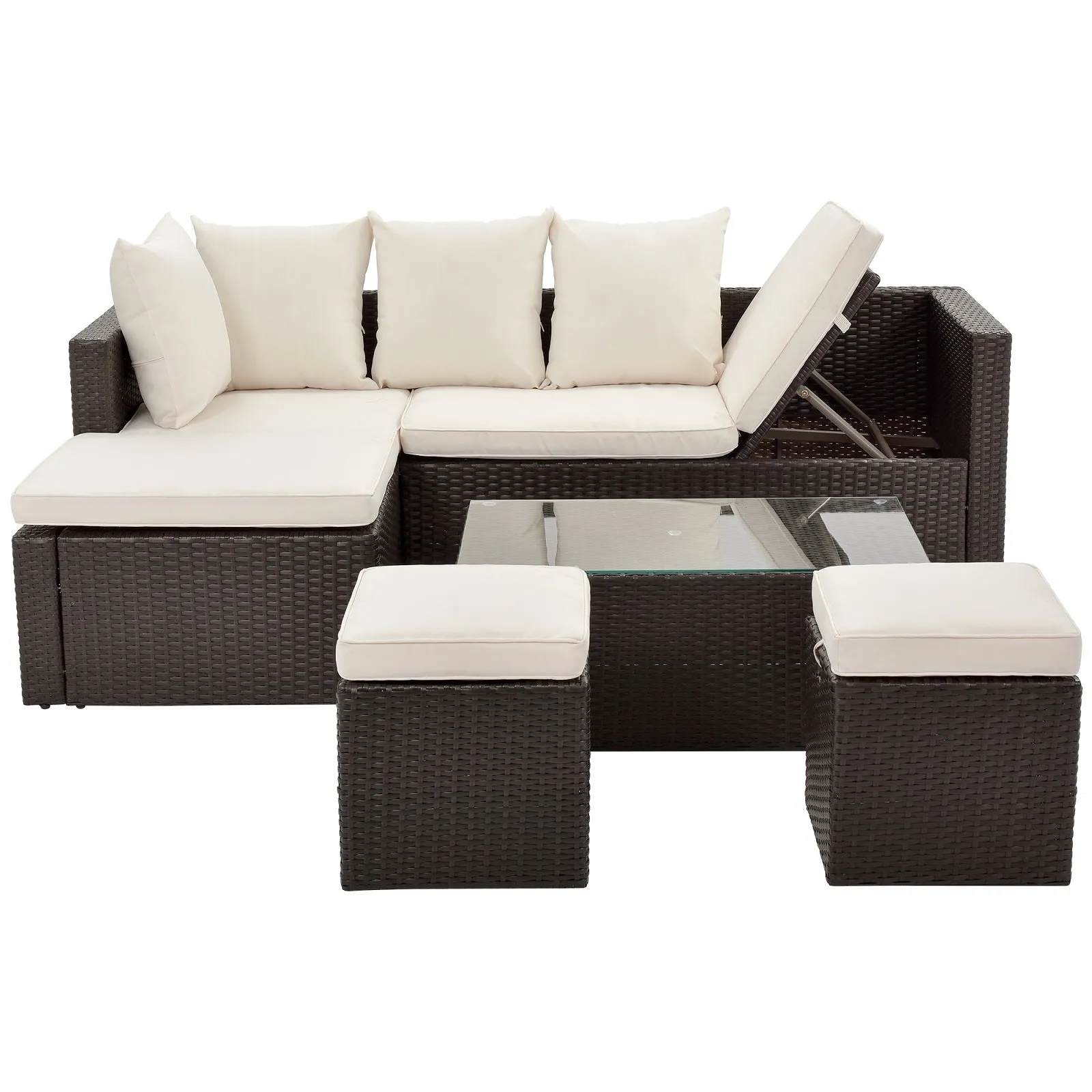 5-Piece Rattan Wicker Sectional Lounger Sofa Set with Glass Table and Adjustable Chair