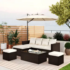 5-Piece Rattan Wicker Sectional Lounger Sofa Set with Glass Table and Adjustable Chair