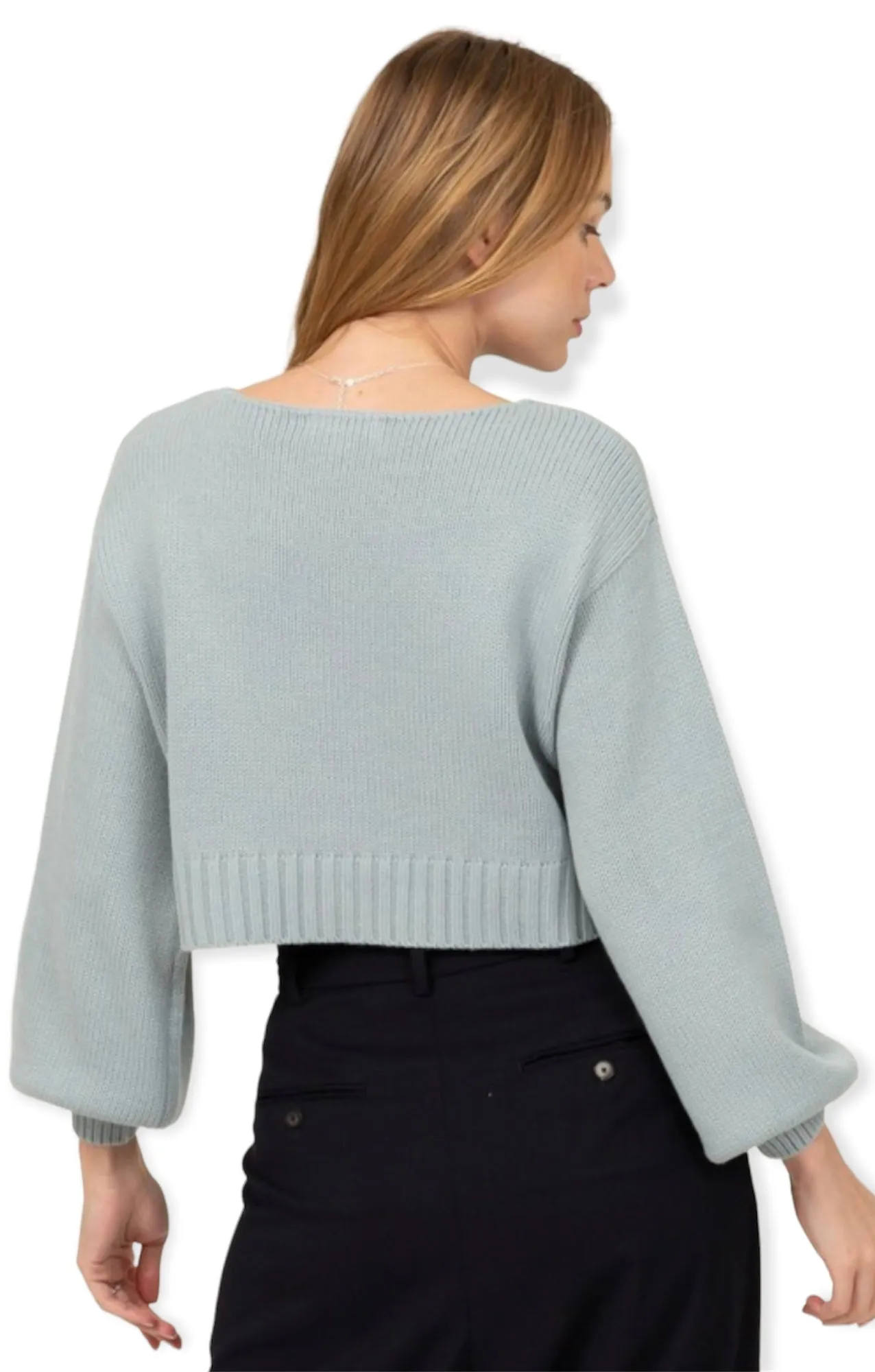 All To Myself Long Puff- Sleeve Cropped Sweater-  Teal