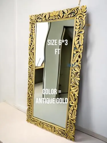 A.M INTERNATIONAL Wooden Carved Wall Mirror Frame in Solid Mango Wood for Bedroom, Living Room, Home Decor, Vertical OR Horizontal Hanging Without Mirror 6 * 3 ft (Antique Gold)