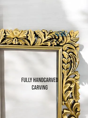 A.M INTERNATIONAL Wooden Carved Wall Mirror Frame in Solid Mango Wood for Bedroom, Living Room, Home Decor, Vertical OR Horizontal Hanging Without Mirror 6 * 3 ft (Antique Gold)