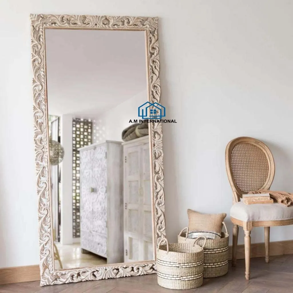 A.M International Wooden Carved Wall Mirror Frame Solid Wood, Distress Finish | With Out Mirror | Size 6 * 3 Ft (White Distress) - Rectangular