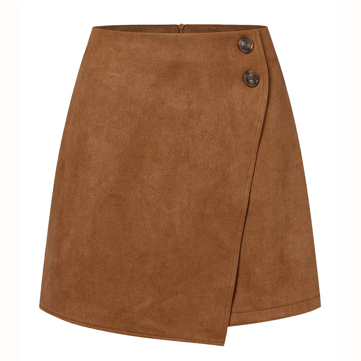 Autumn Winter Women Clothing Suede Irregular Asymmetric Skirt Solid Color High Waist Zipper Button Skirt Women