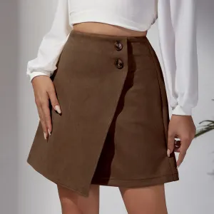 Autumn Winter Women Clothing Suede Irregular Asymmetric Skirt Solid Color High Waist Zipper Button Skirt Women