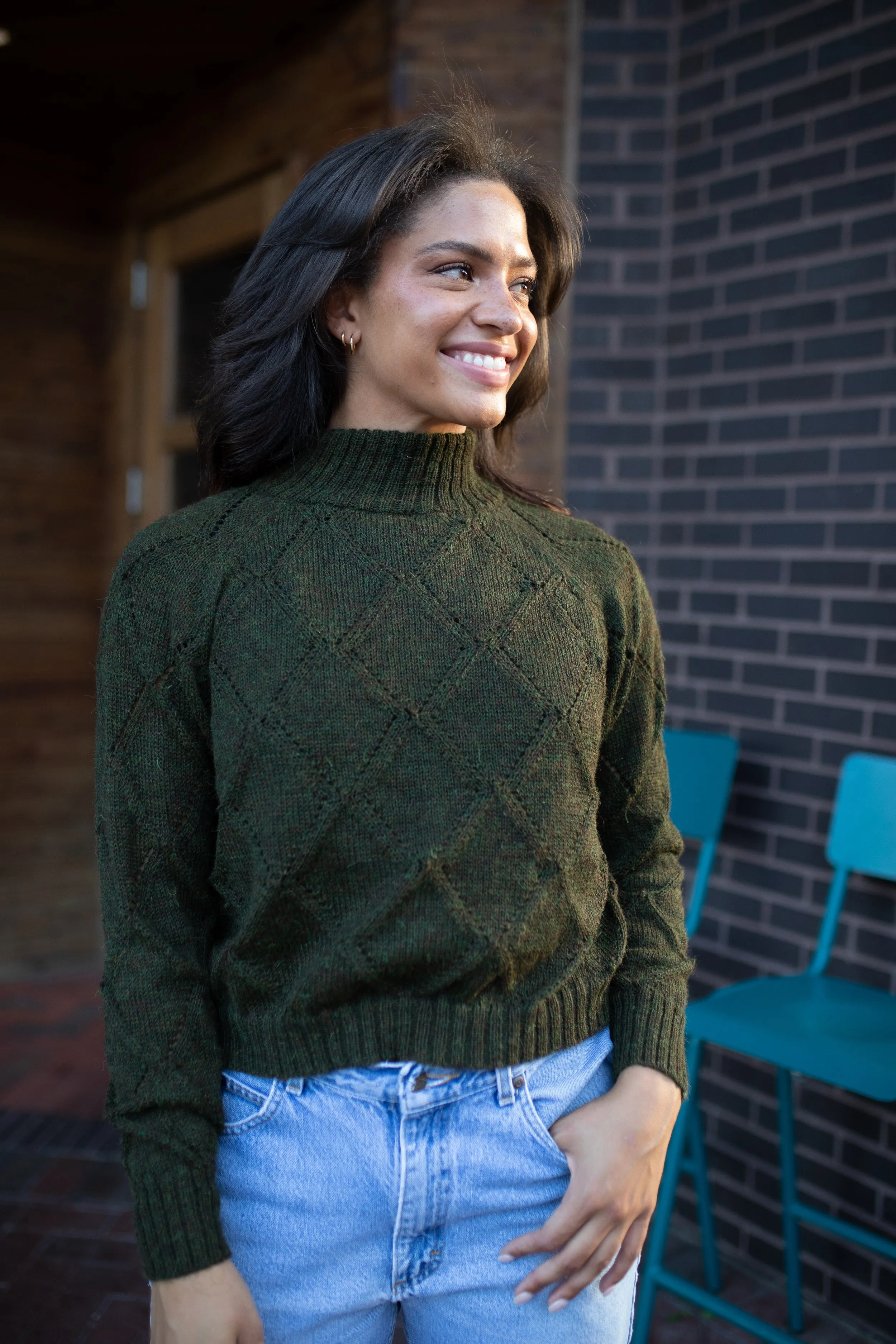 Baby Alpaca Lace Knit Mock Pullover in Heather Green - Pre-Order 2/30