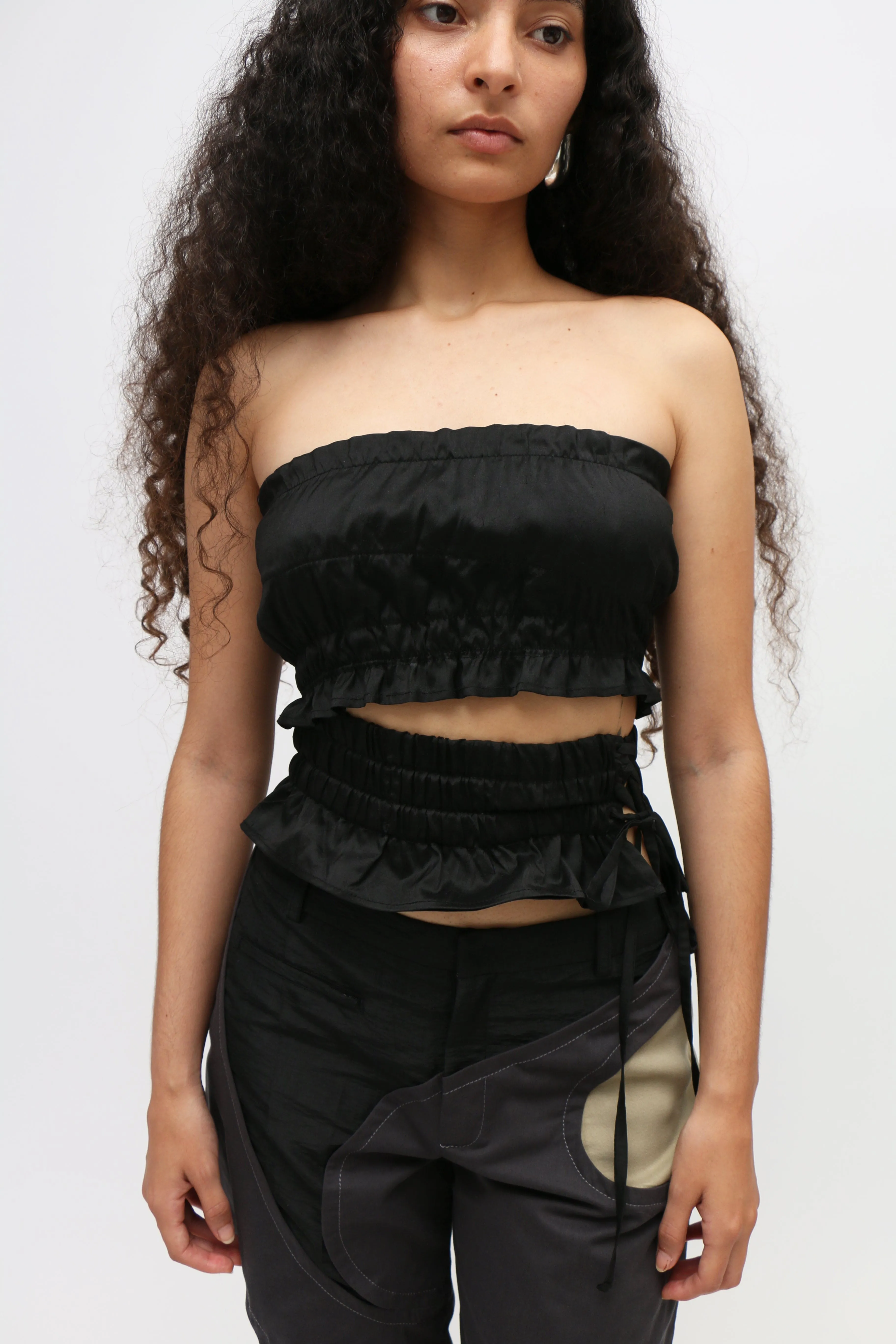 Black Ruched Silk Strapless Top