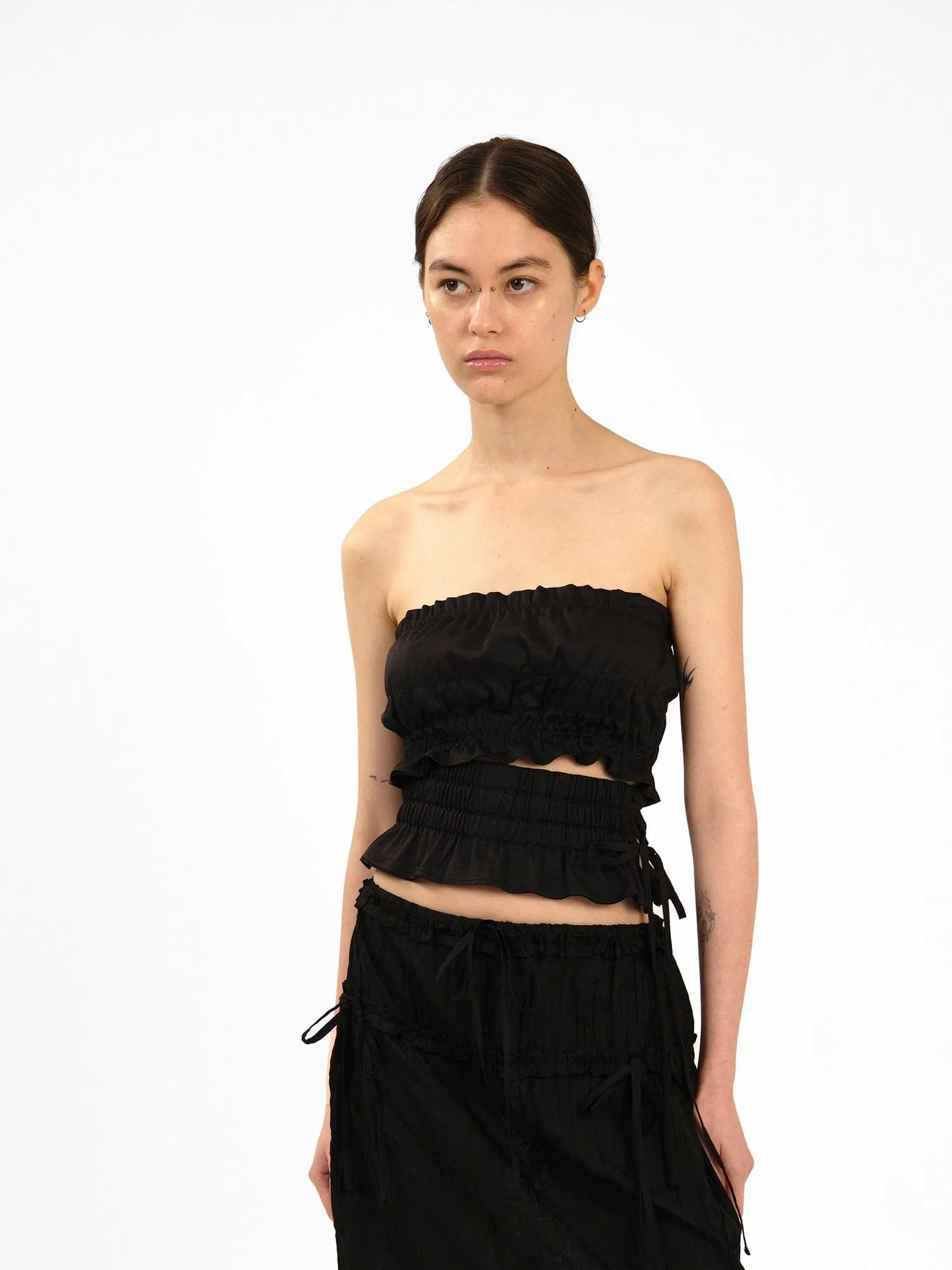 Black Ruched Silk Strapless Top