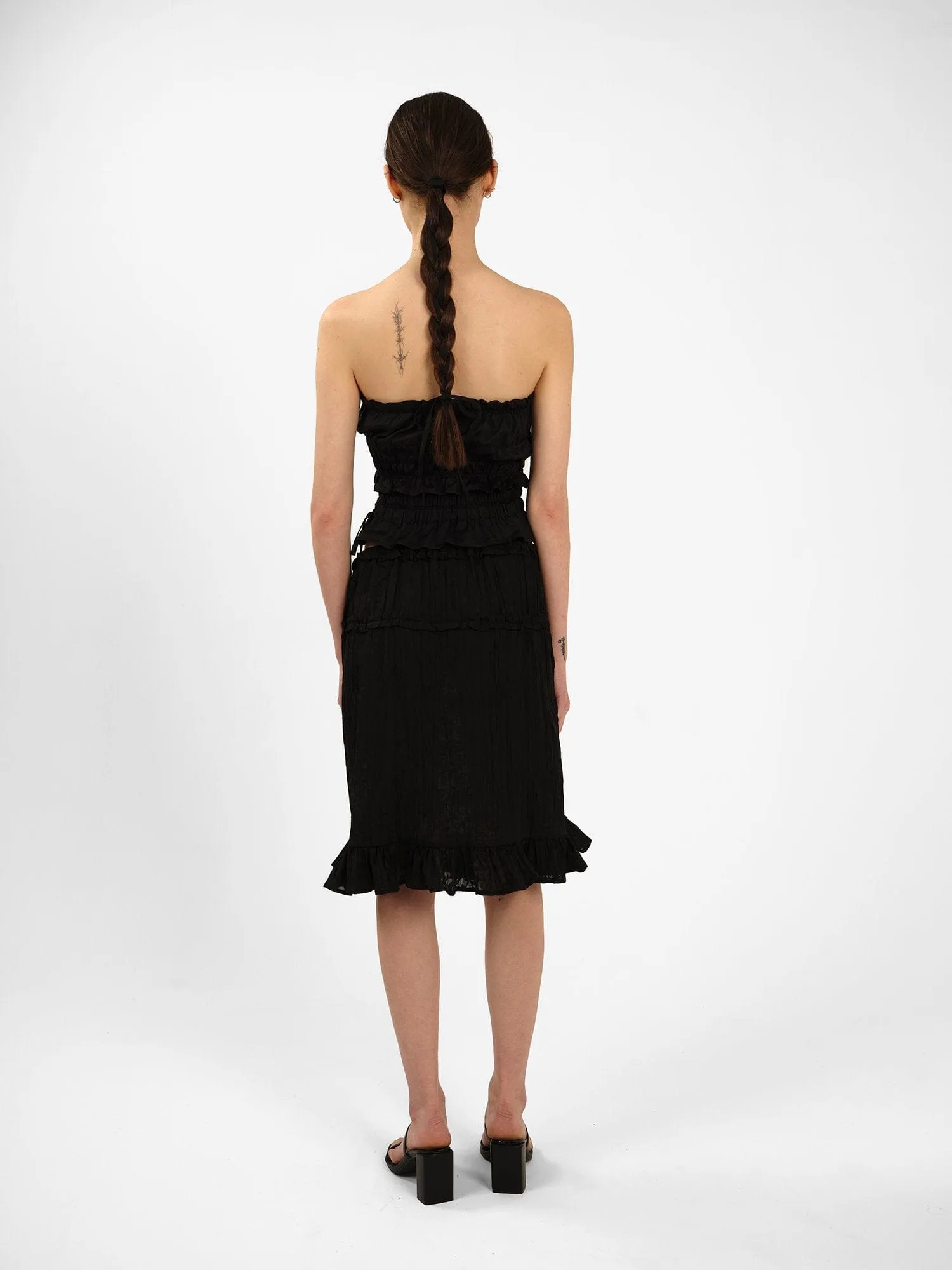 Black Ruched Silk Strapless Top