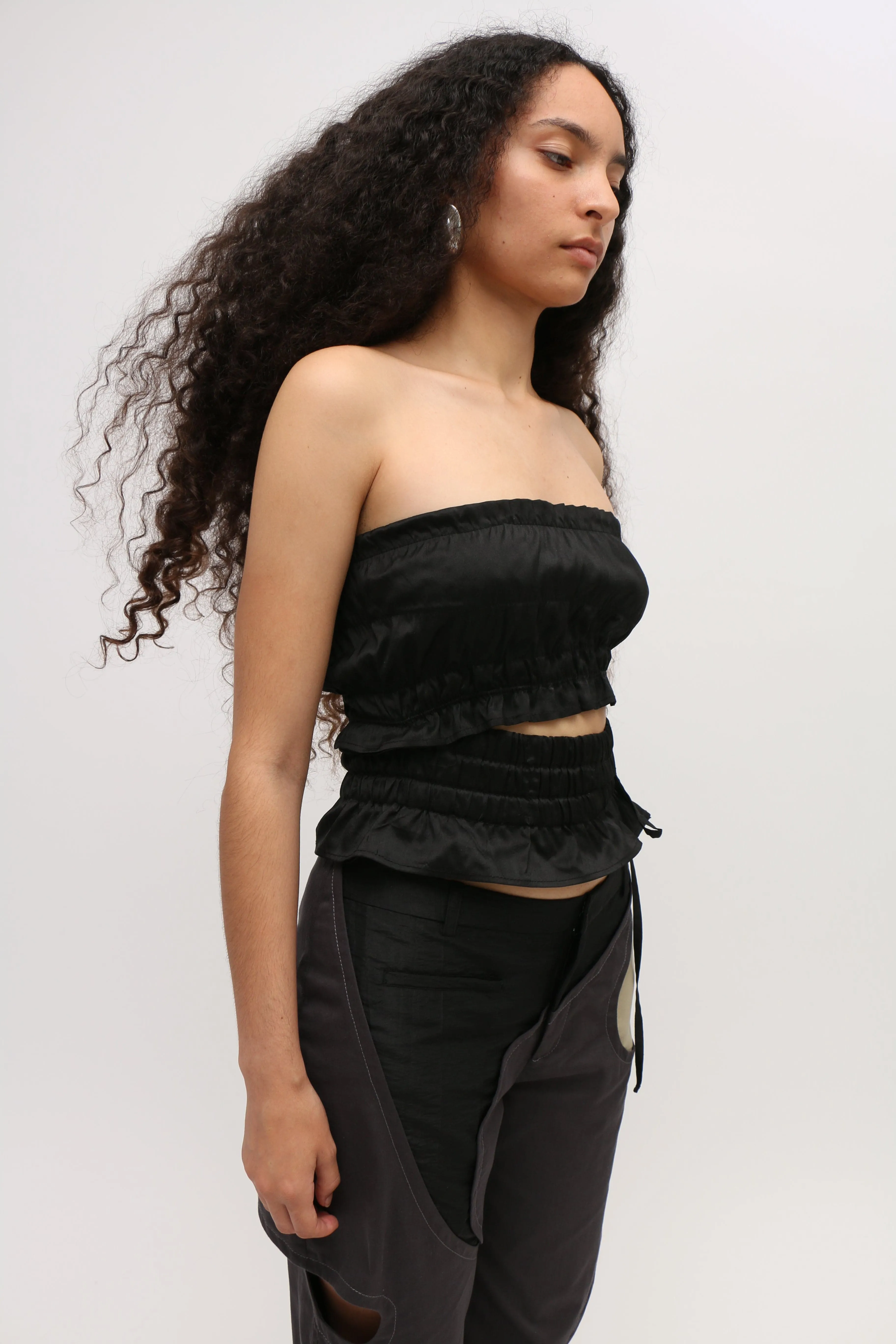 Black Ruched Silk Strapless Top