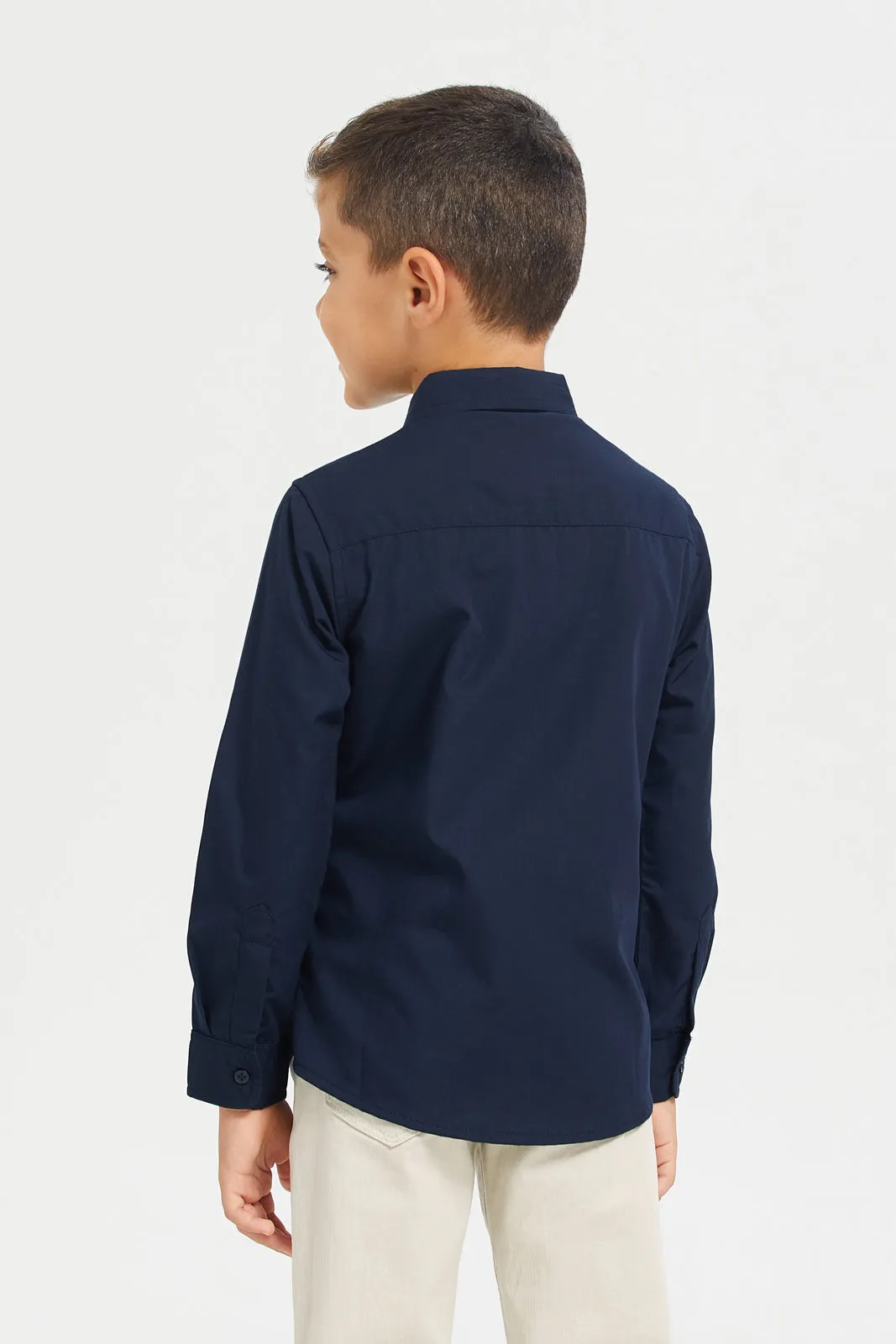 Boys Navy Solid L/S Shirt