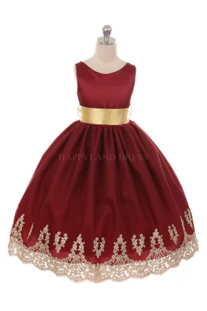 Burgundy with Sash on Gold Applique Bottom Dress D2141712