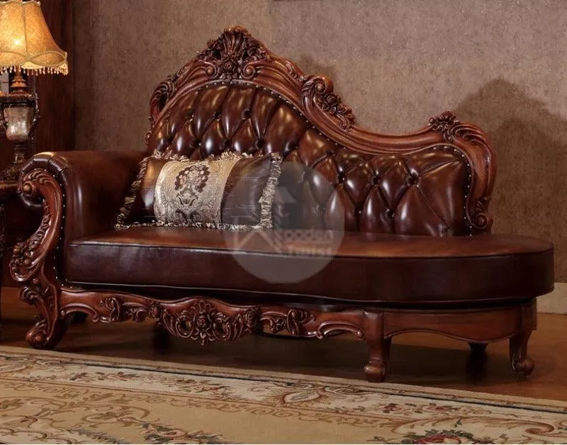 Carved Royal Antique Brown Sofa Set with Chaise Lounge