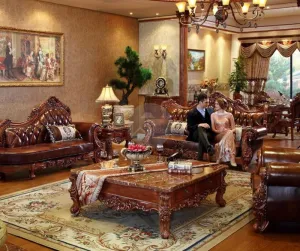 Carved Royal Antique Brown Sofa Set with Chaise Lounge