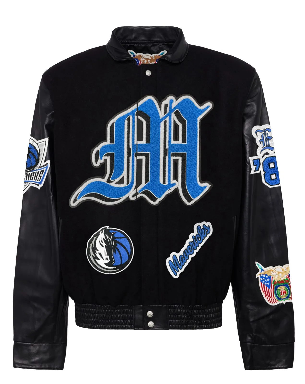 DALLAS MAVERICKS WOOL & LEATHER OLD ENGLISH VARSITY JACKET Black / Black