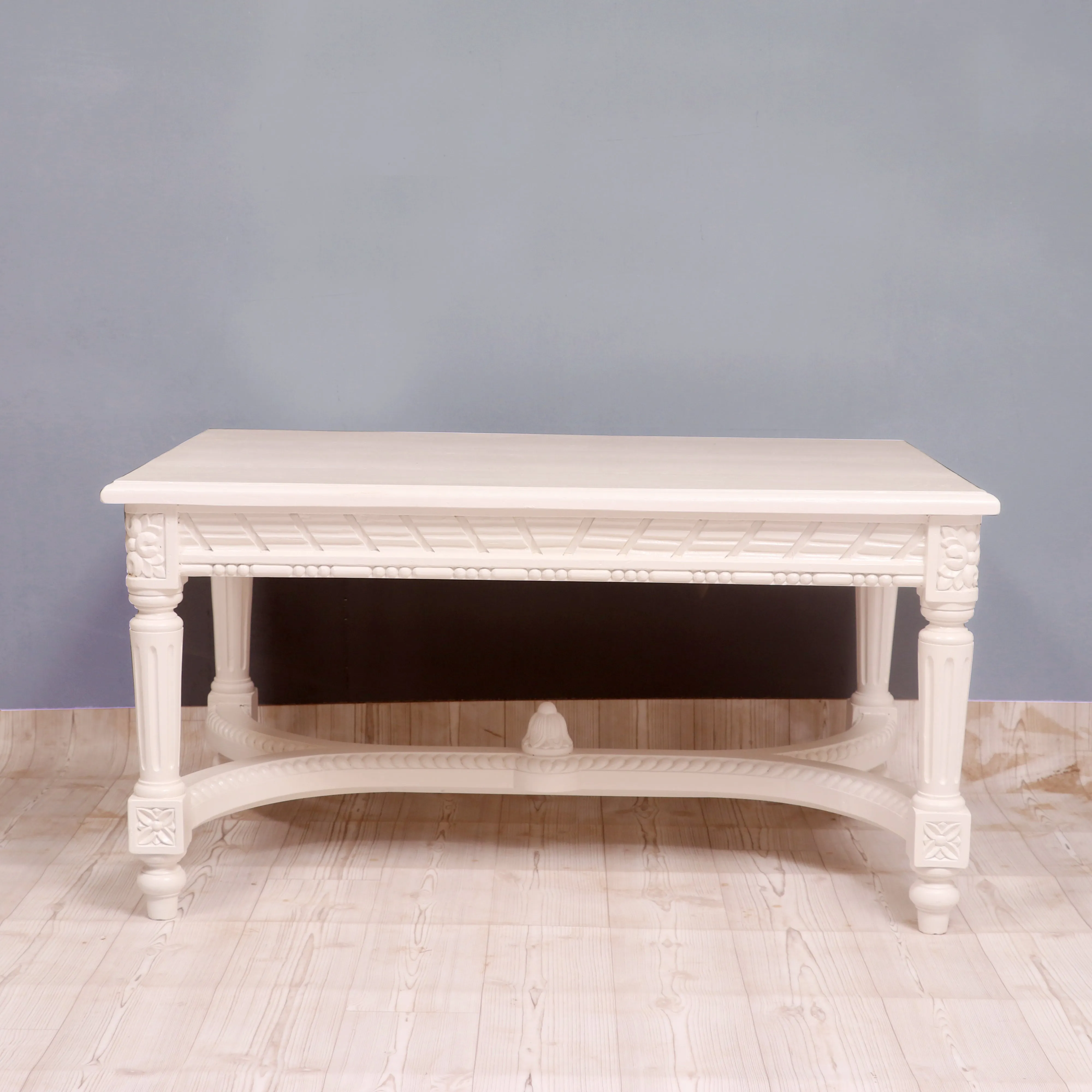 Ethnic carved intricate design white duco teak wood Coffee table