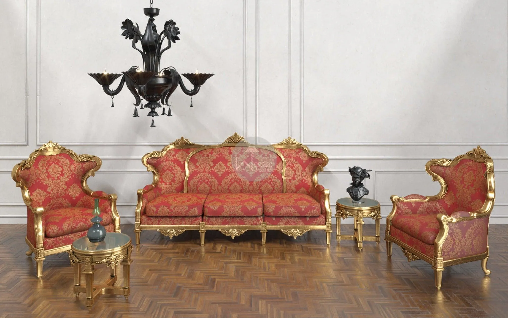 European Style Royal Antique Golden Carved 5 Seater Sofa Set