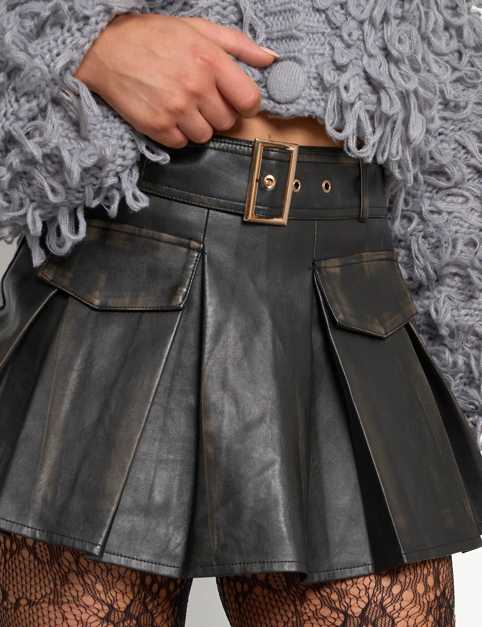 Faux Leather Belted Mini Skort Black