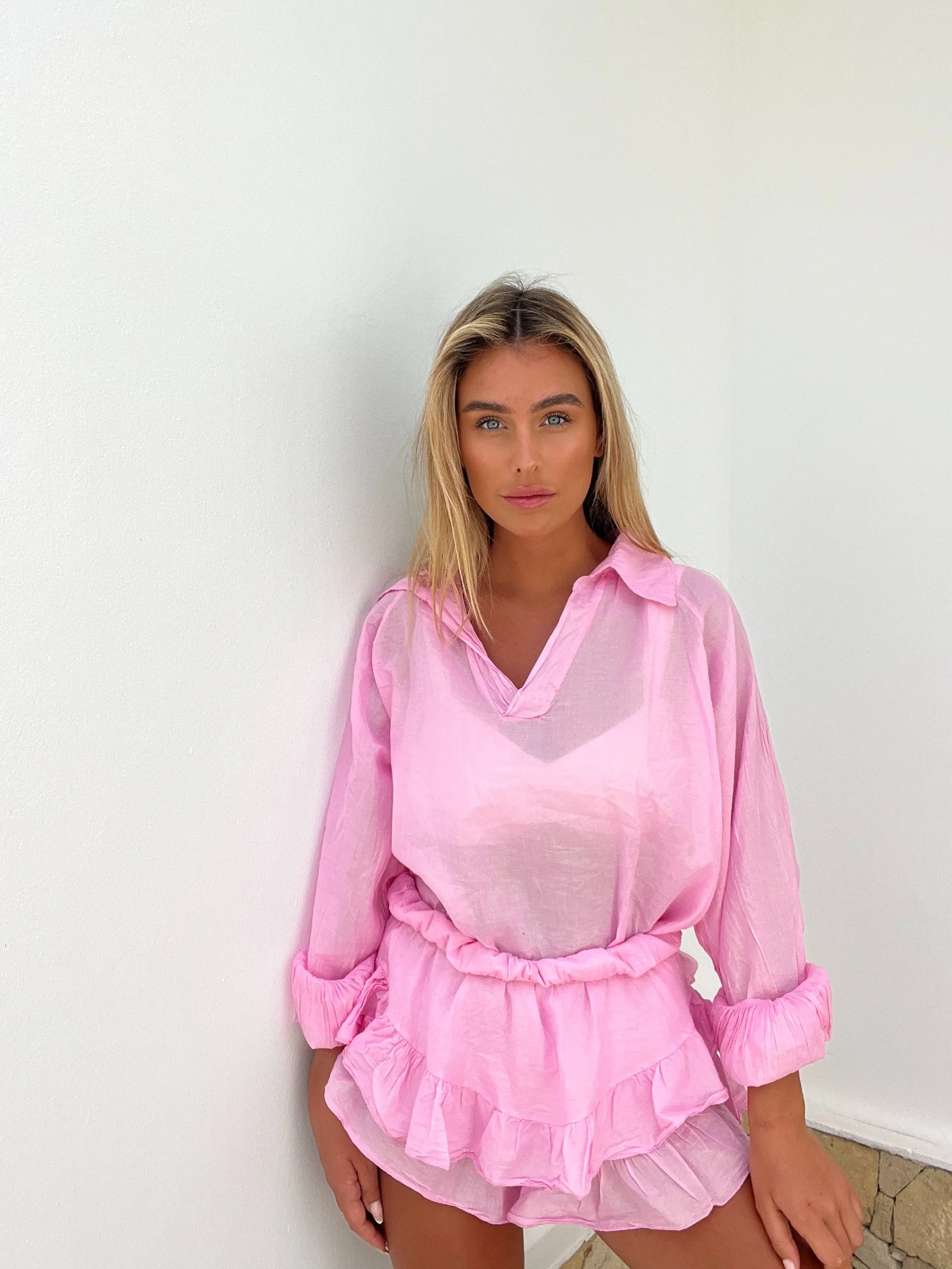 FORMENTERA 2.0 Frill Short and Shirt Set in Pink