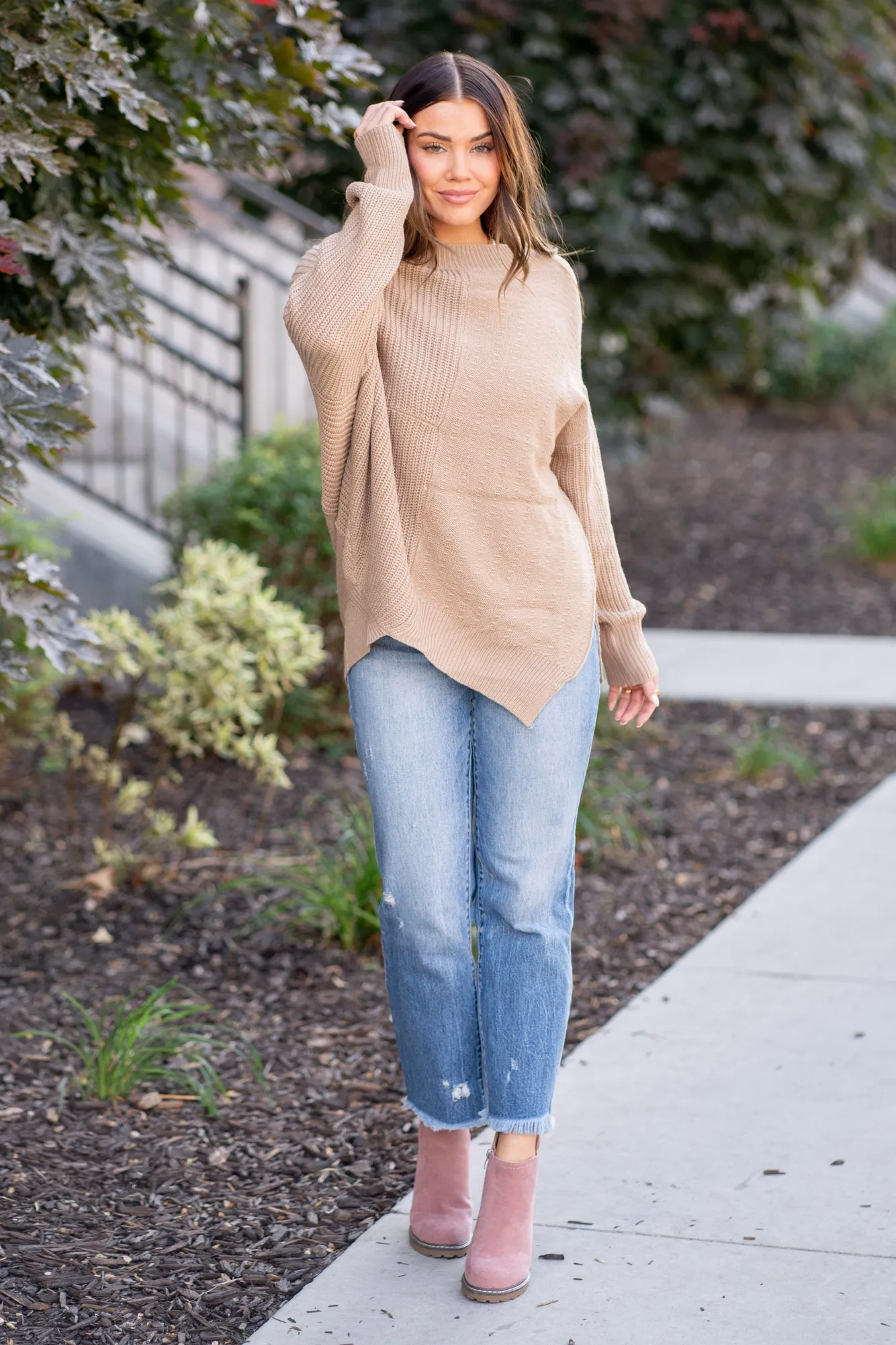 Full Size Side Slit Texture Asymmetric Sweater