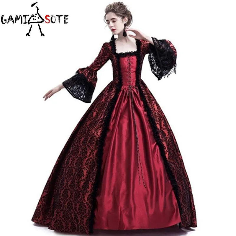 GAMISOTE Gothic Women Vintage Medieval Dress Gothic Maxi Halloween Dress Retro Long Gown Lace Dress