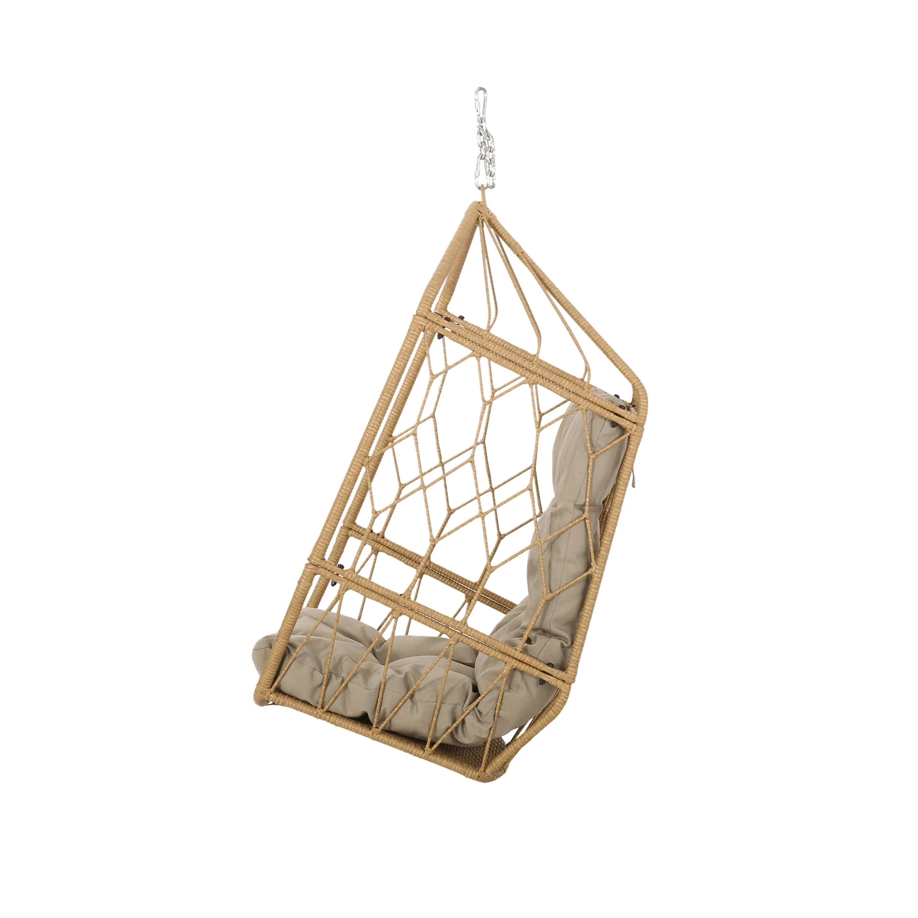 Jewell Outdoor Wicker Hanging Basket Chair with Cushions, Light Brown, Tan