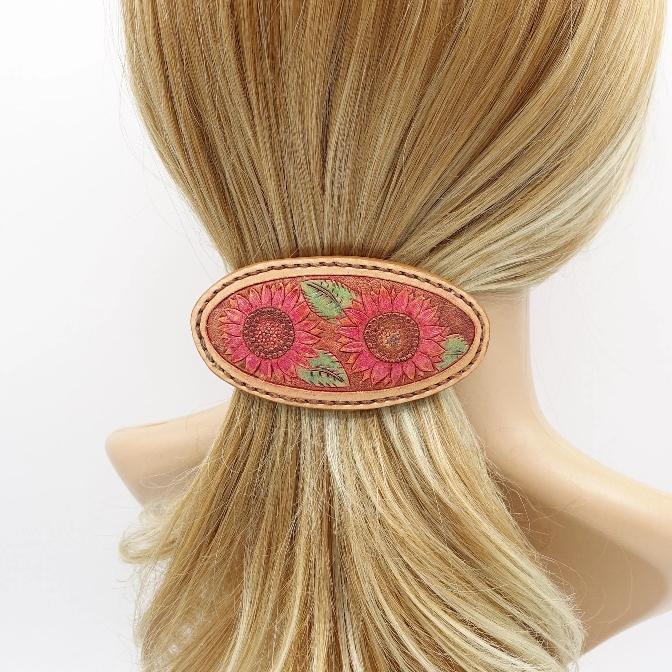 leather hair barrette, Sunflower hair barrette,handmade hair barrette for women