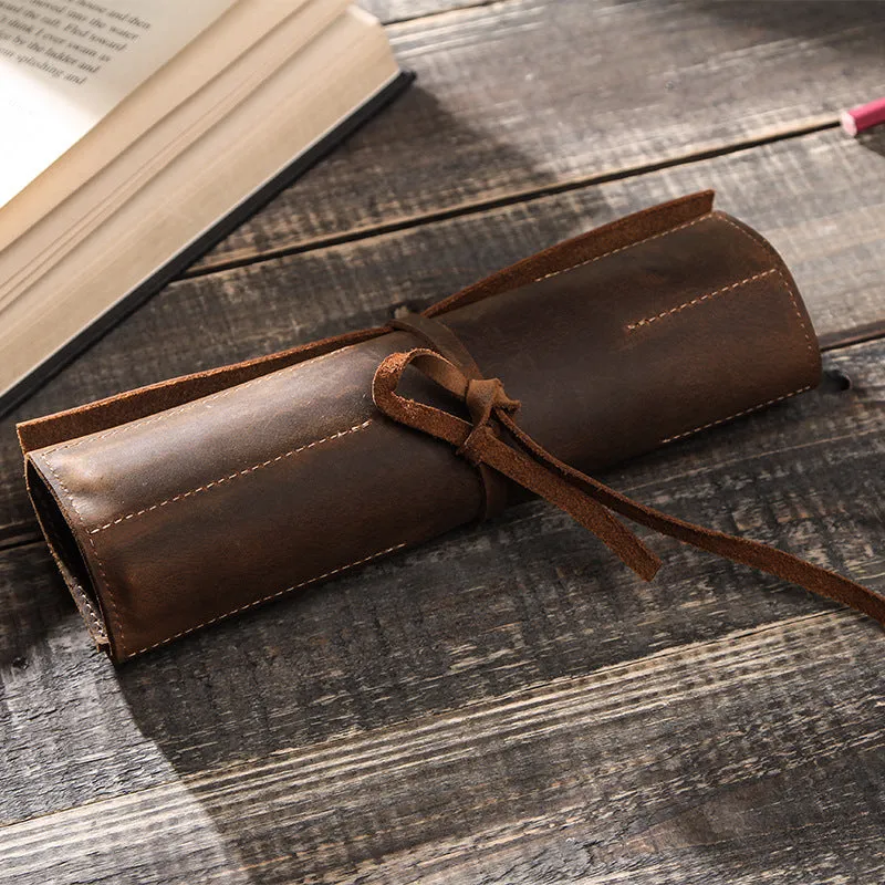 Leather Pencil Case Crazy Horse Leather Rolled Rope Tied Leather Pencil Pocket