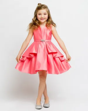 Lustrous Satin Layered Dress with a Rhinestone Brooch - Coral