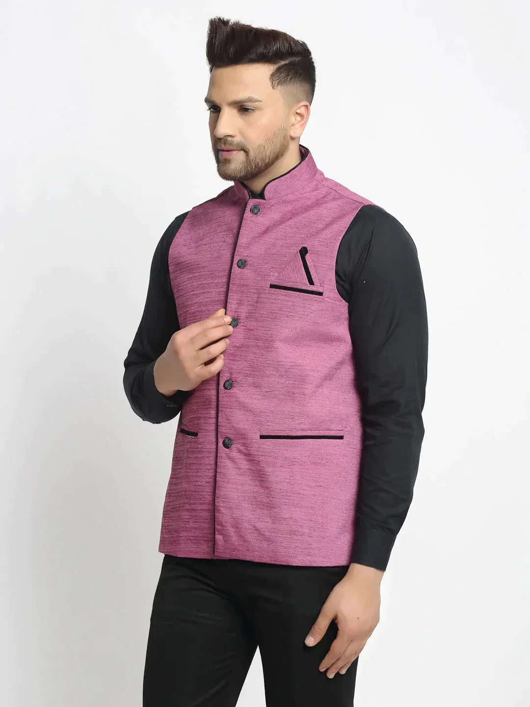 Men'S Purple Solid Nehru Jacket With Square Pocket