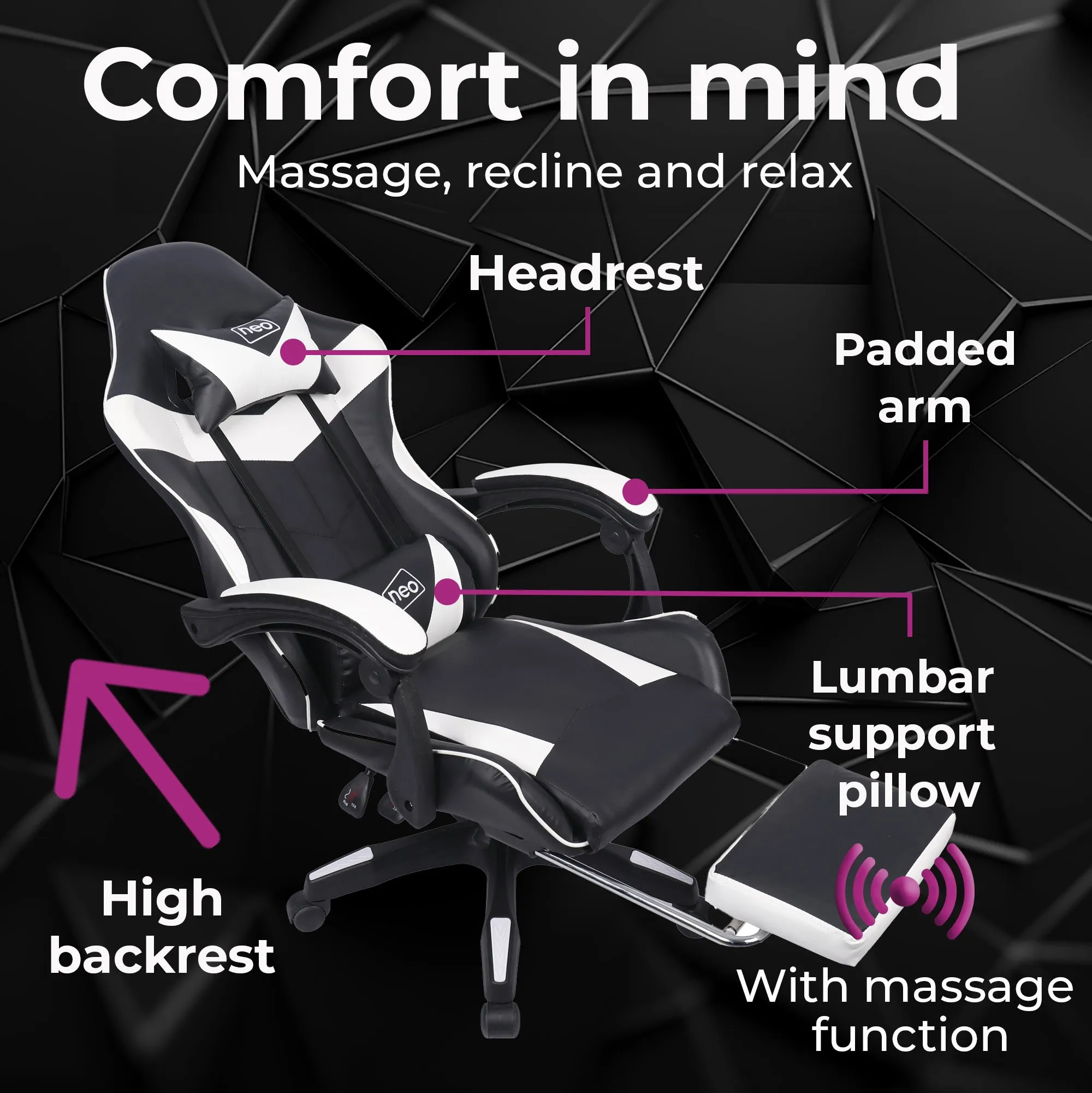 Neo White and Black Massage Leather Gaming Chair with Footrest