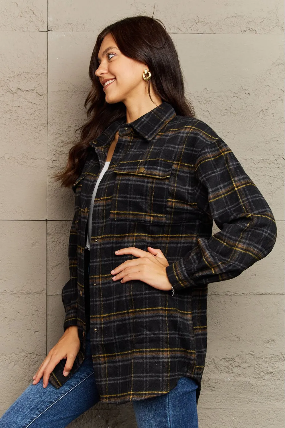 Ninexis Full Size Plaid Collared Neck Button-Down Long Sleeve Jacket