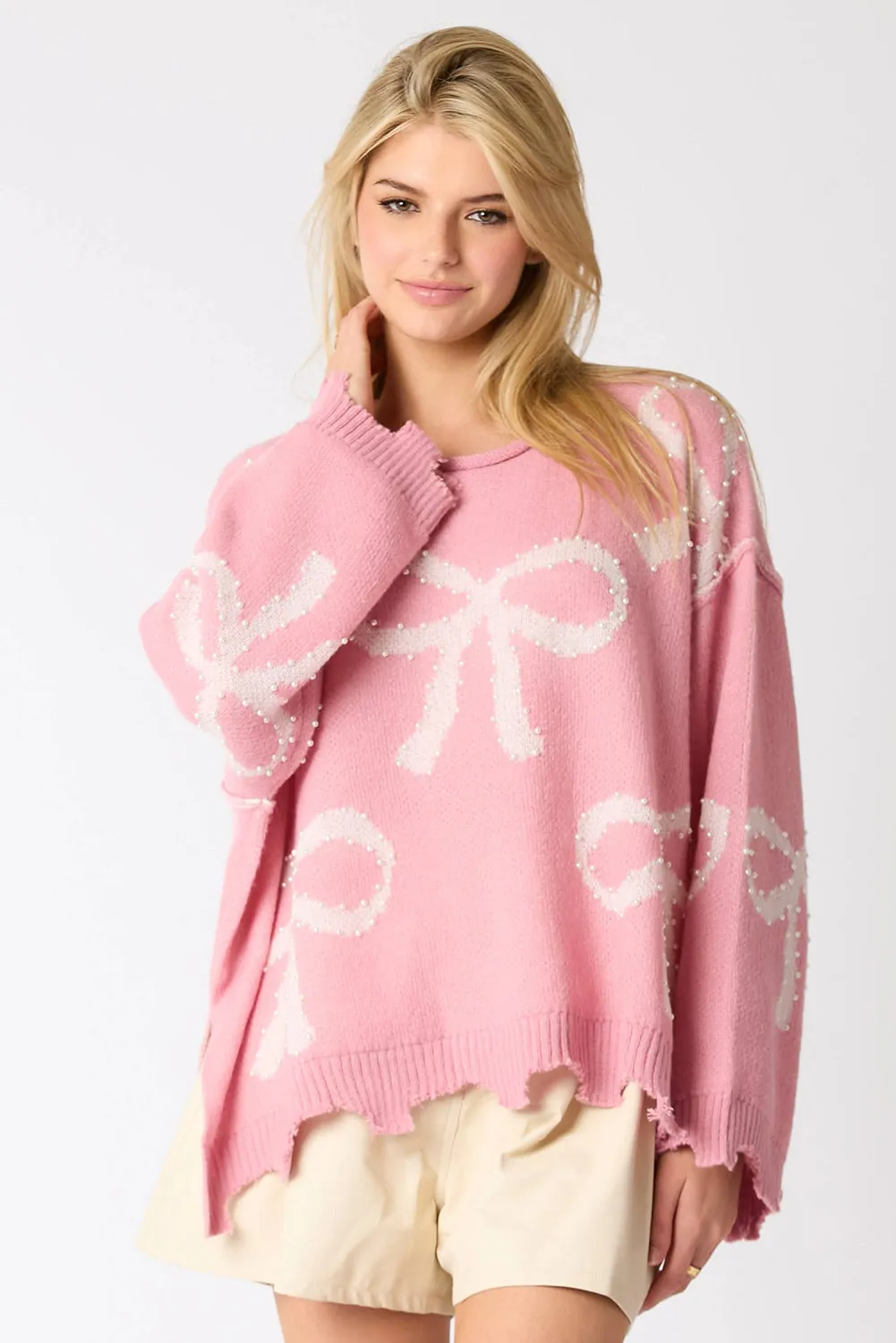 Pink Bow Pattern Pearl Embellished Raw Hem Sweater