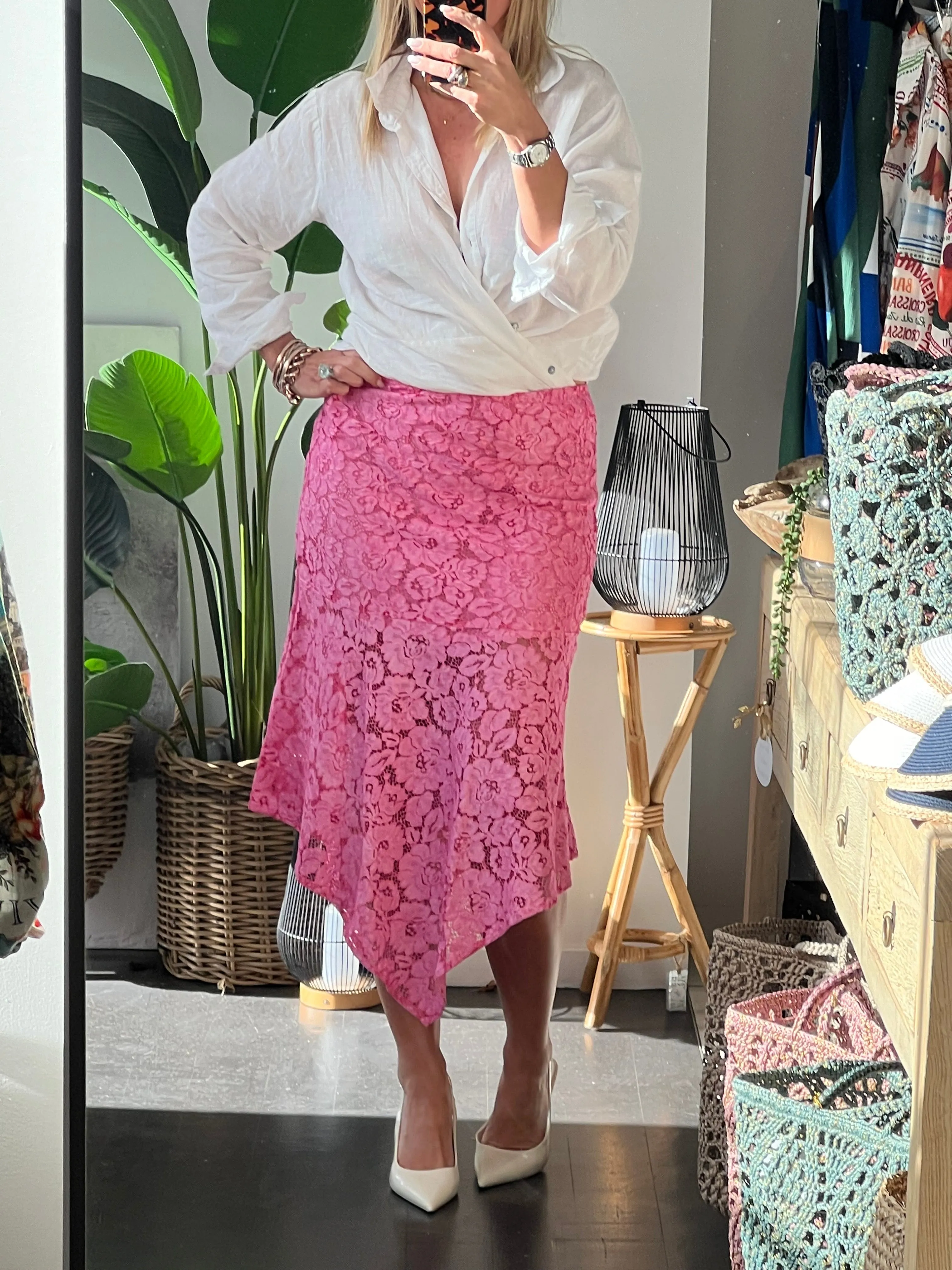 Pink Lace Midi Skirt