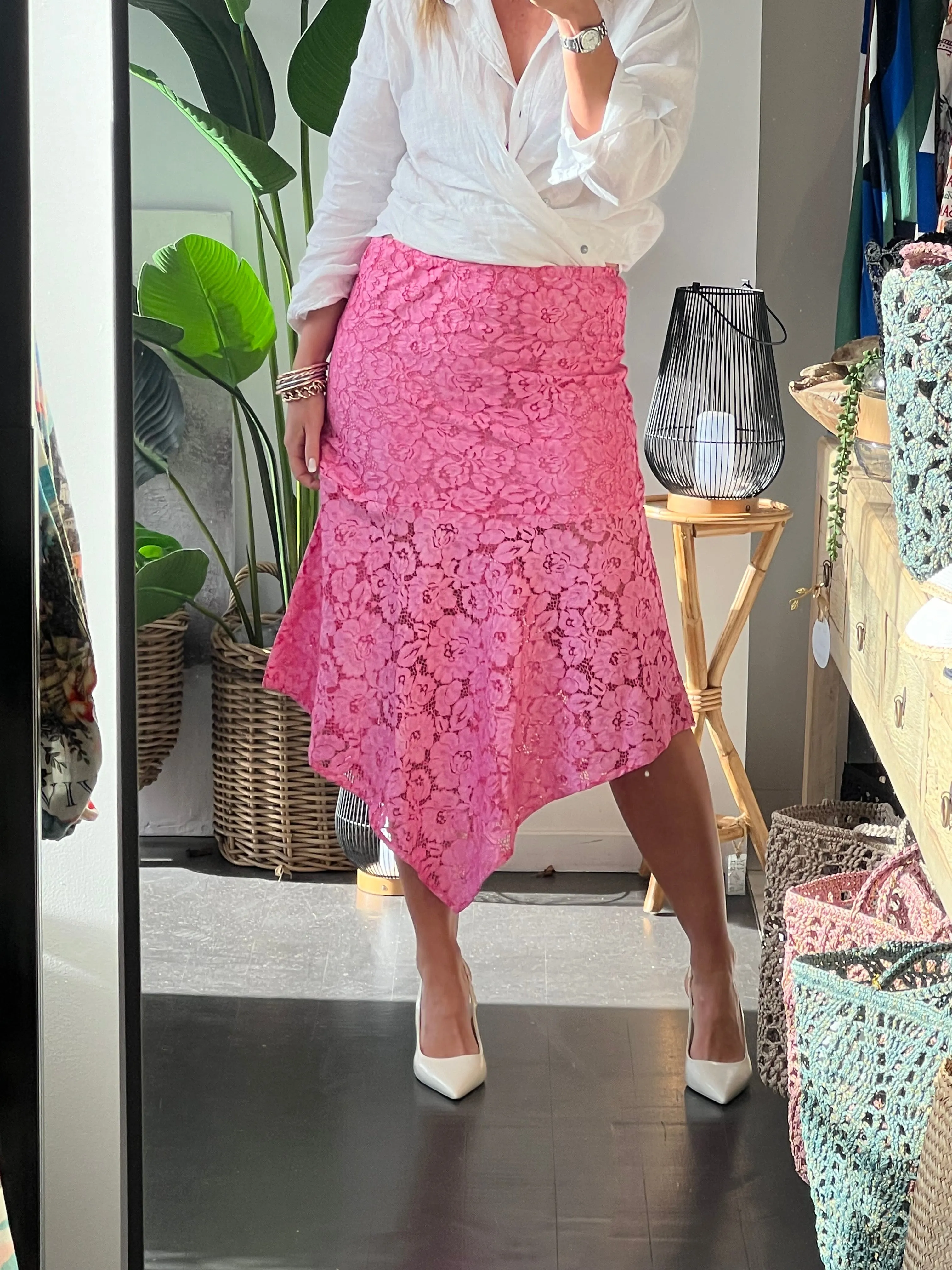 Pink Lace Midi Skirt