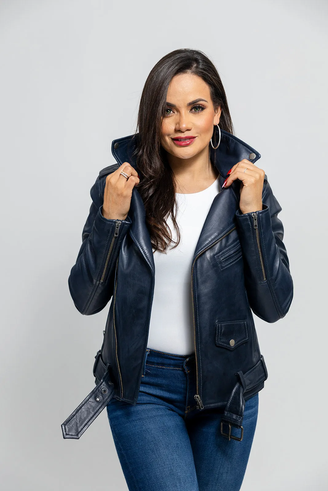 Rebel Women's Leather Jacket Navy Blue (POS)