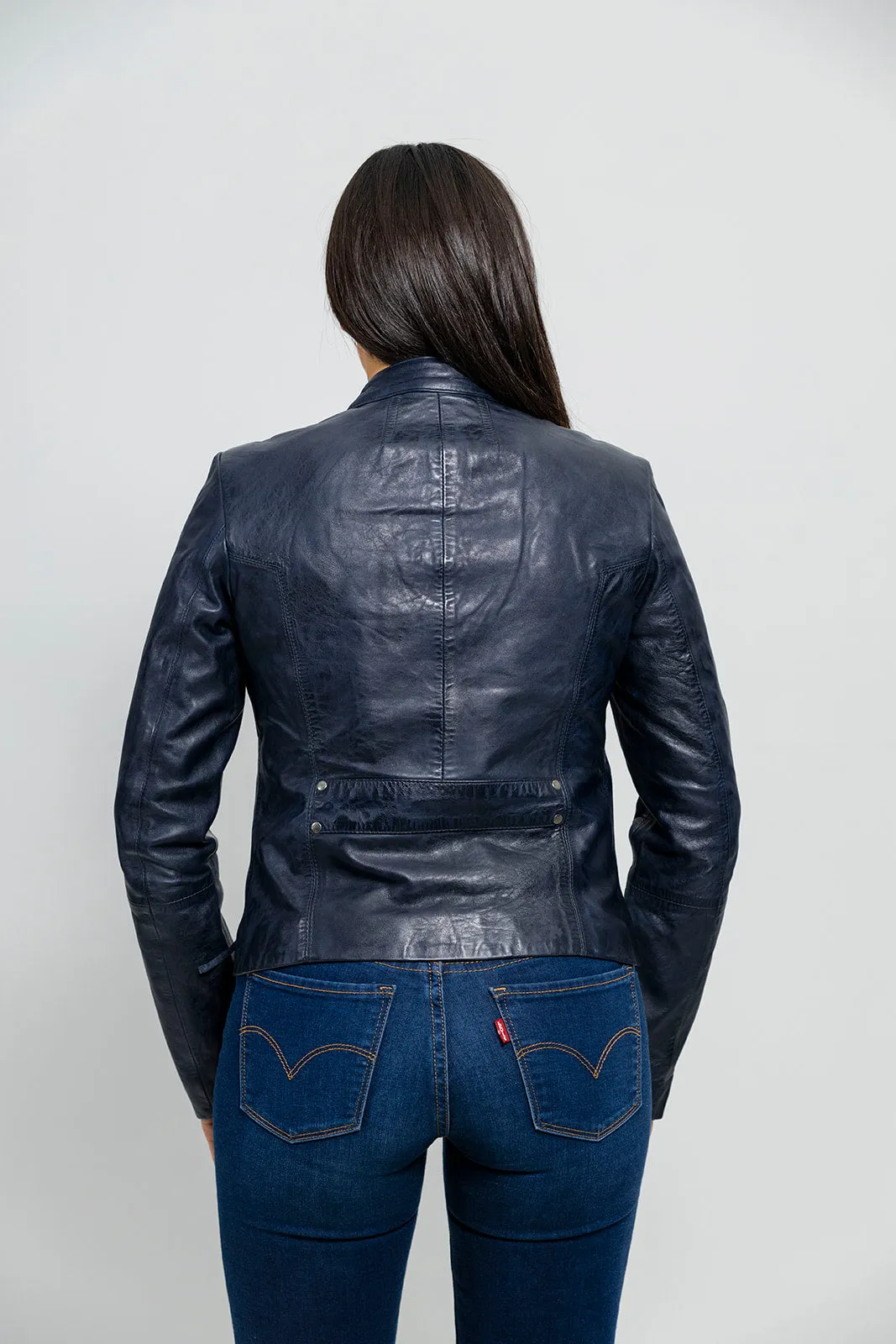 Rexie Womens Fashion Leather Jacket Navy Blue (POS)