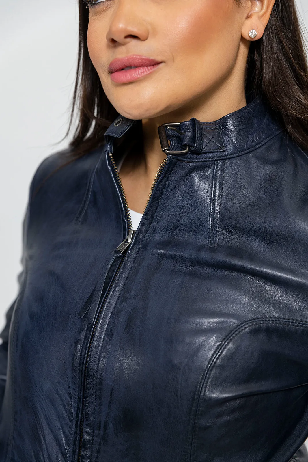 Rexie Womens Fashion Leather Jacket Navy Blue (POS)