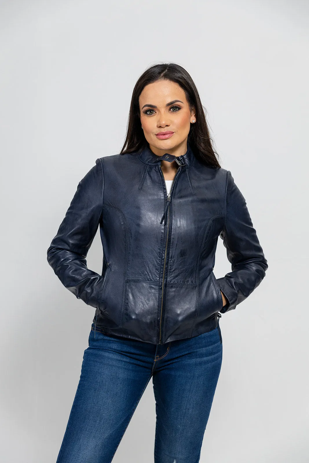 Rexie Womens Fashion Leather Jacket Navy Blue (POS)